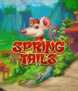 An enchanting illustration of a white rat dressed in traditional Chinese attire positioned in front of a picturesque mountain backdrop. The image is for the Spring Tails Slot by Betsoft, highlighted with striking red and gold logo text.