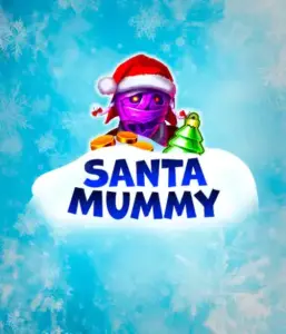  Experience the whimsical "Santa Mummy" slot game by Belatra, featuring a Santa-clad mummy decked out in festive holiday attire. This eye-catching image presents the mummy with a vivid purple hue, wearing a Santa hat, against a backdrop of snowy blue with frosty snowflakes. The game's title, "Santa Mummy," is prominently displayed in large, cool blue letters.