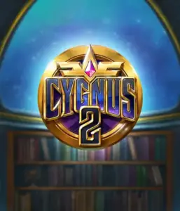 Experience the enchanting visuals of ELK Studios' Cygnus 2 Slot, highlighting a stunning golden emblem with a bright purple and gold design. Positioned against a starlit library setting, this graphic captures the essence of exploration and mystery. 